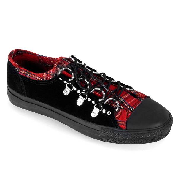 Demonia Deviant-05 Black Suede/Red Plaid Schuhe Damen D187-509 Gothic Sneakers Schwarz/Rot Deutschland SALE